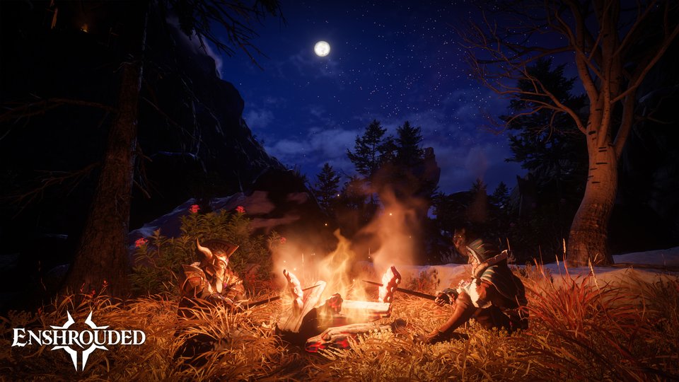 Enshrouded adventurers gather around a campfire in a forest beneath a moonlit sky.