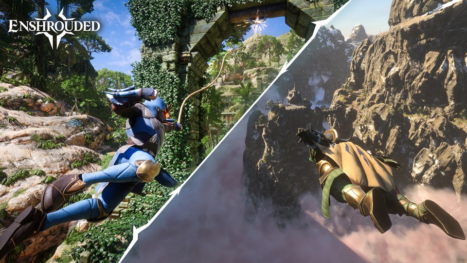 Two scenes from Enshrouded: an archer among stone ruins and a player gliding through a mountain canyon.
