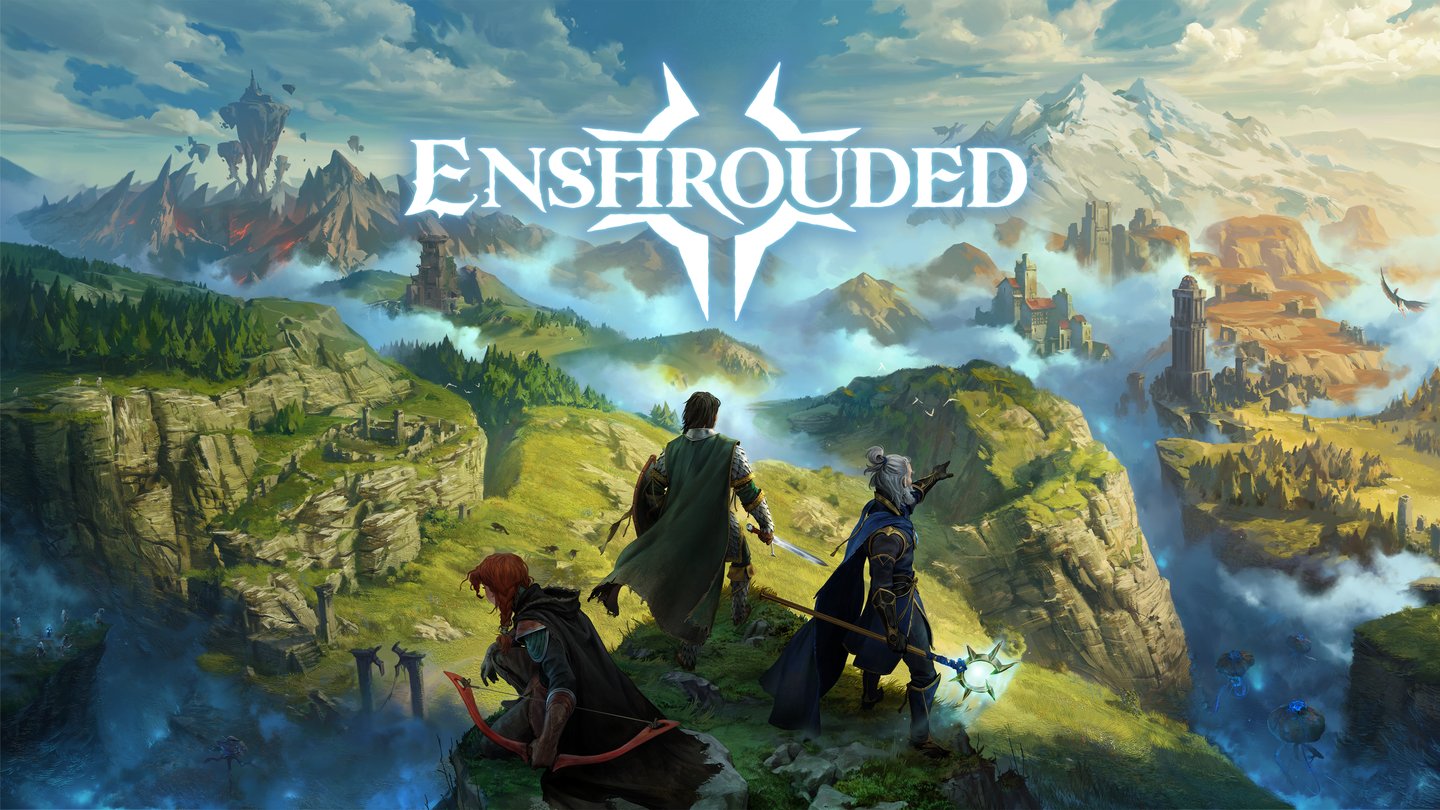 Official Enshrouded 1.0 artwork: three adventurers overlook Embervale's forests, mountains and floating islands.